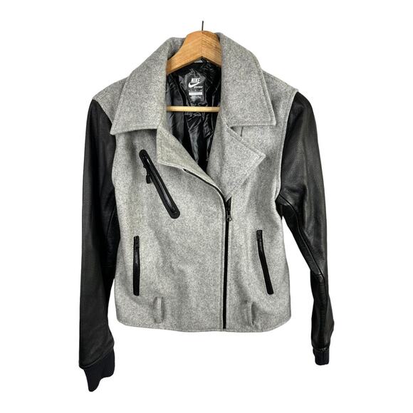 Nike NSW Womens Size Small Gray Wool Destroyer Jacket Moto Bomber Leather - Picture 1 of 12